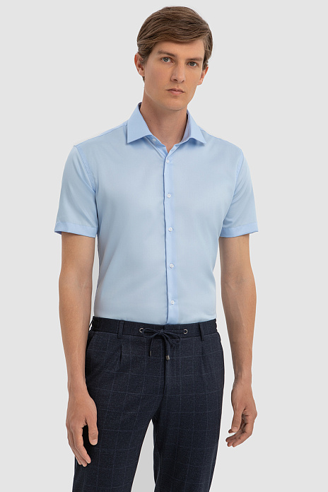 Хлопковая голубая сорочка с коротким рукавом, легкая в уходе, цвет Голубой